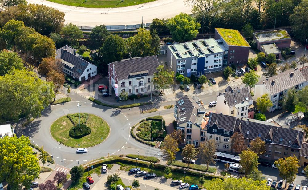 Dinslaken from above - Traffic management of the roundabout road Kreuzstrasse - Konrad-Adenauer-Strasse in Dinslaken at Ruhrgebiet in the state North Rhine-Westphalia, Germany