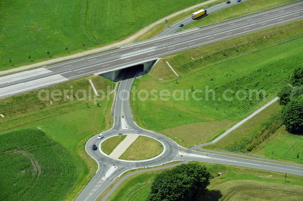 Aerial photograph Karstädt - Traffic management of the roundabout road of L 13 to the course of BAB A14 in Karstaedt in the state Brandenburg, Germany