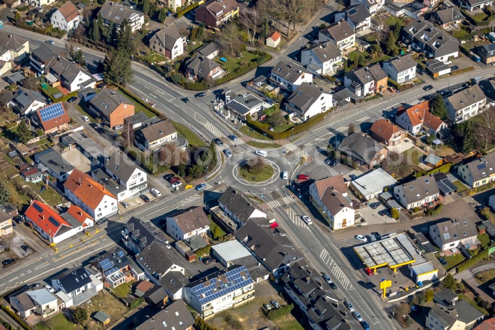 Holzwickede from above - Traffic management of the roundabout road of Lichtendorfer Strasse - Schwerter Strasse - Unnaer Strasse - Massener Strasse in Holzwickede in the state North Rhine-Westphalia, Germany