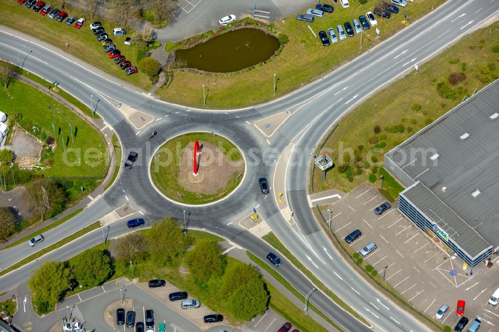 Aerial image Brilon - Traffic management of the roundabout road Moehnestrasse Ostring B7 - B480 in Brilon in the state North Rhine-Westphalia