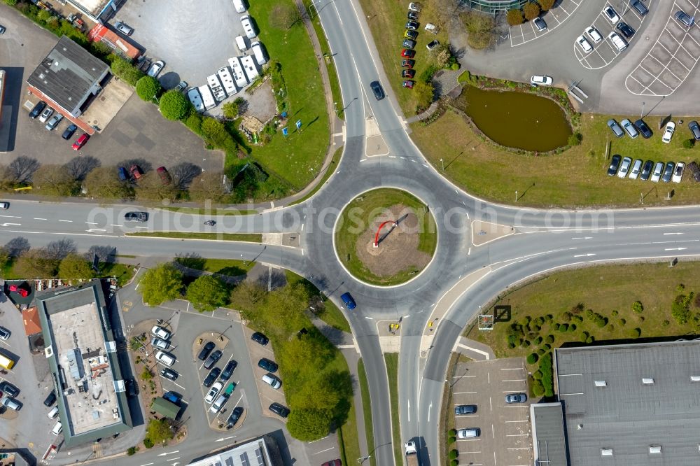 Aerial photograph Brilon - Traffic management of the roundabout road Moehnestrasse Ostring B7 - B480 in Brilon in the state North Rhine-Westphalia