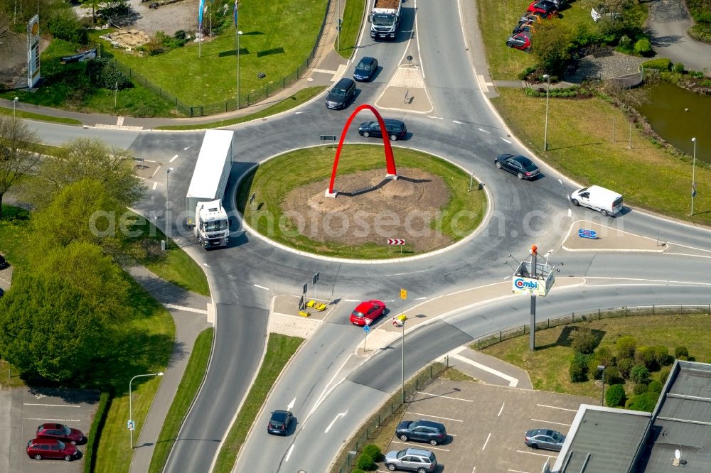 Brilon from the bird's eye view: Traffic management of the roundabout road Moehnestrasse Ostring B7 - B480 in Brilon in the state North Rhine-Westphalia