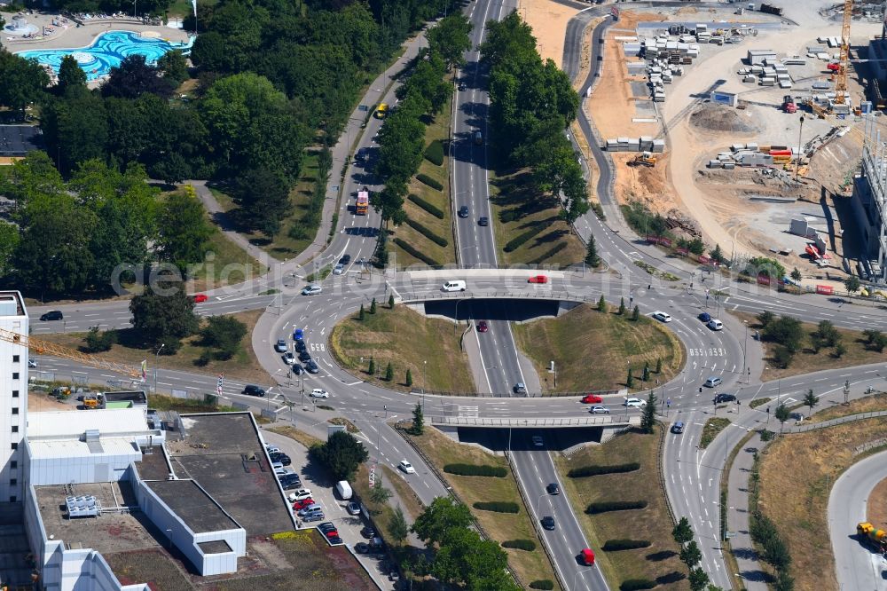 Aerial image Heilbronn - Traffic management of the roundabout road Neckartalstrasse in Heilbronn in the state Baden-Wurttemberg, Germany