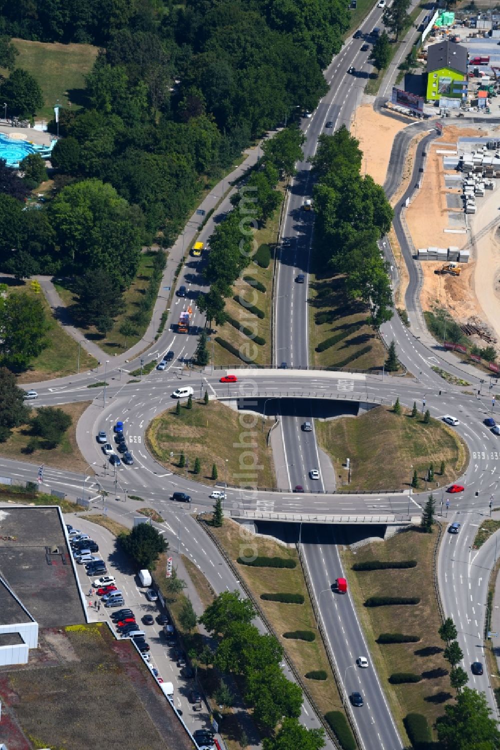 Heilbronn from above - Traffic management of the roundabout road Neckartalstrasse in Heilbronn in the state Baden-Wurttemberg, Germany