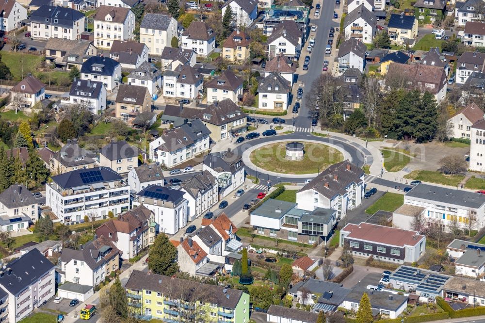 Arnsberg from above - Traffic management of the roundabout road on Pfarrer-Leo-Reiners-Platz along the Ordensmeisterstrasse in the district Neheim in Arnsberg at Sauerland in the state North Rhine-Westphalia, Germany