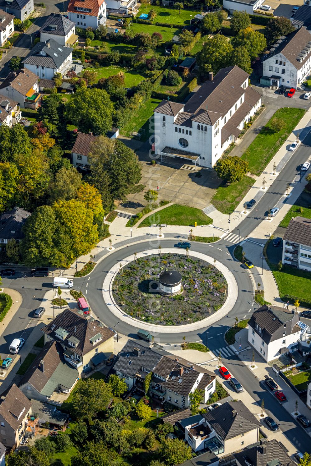 Arnsberg from above - Traffic management of the roundabout road on Pfarrer-Leo-Reiners-Platz along the Ordensmeisterstrasse in the district Neheim in Arnsberg at Sauerland in the state North Rhine-Westphalia, Germany