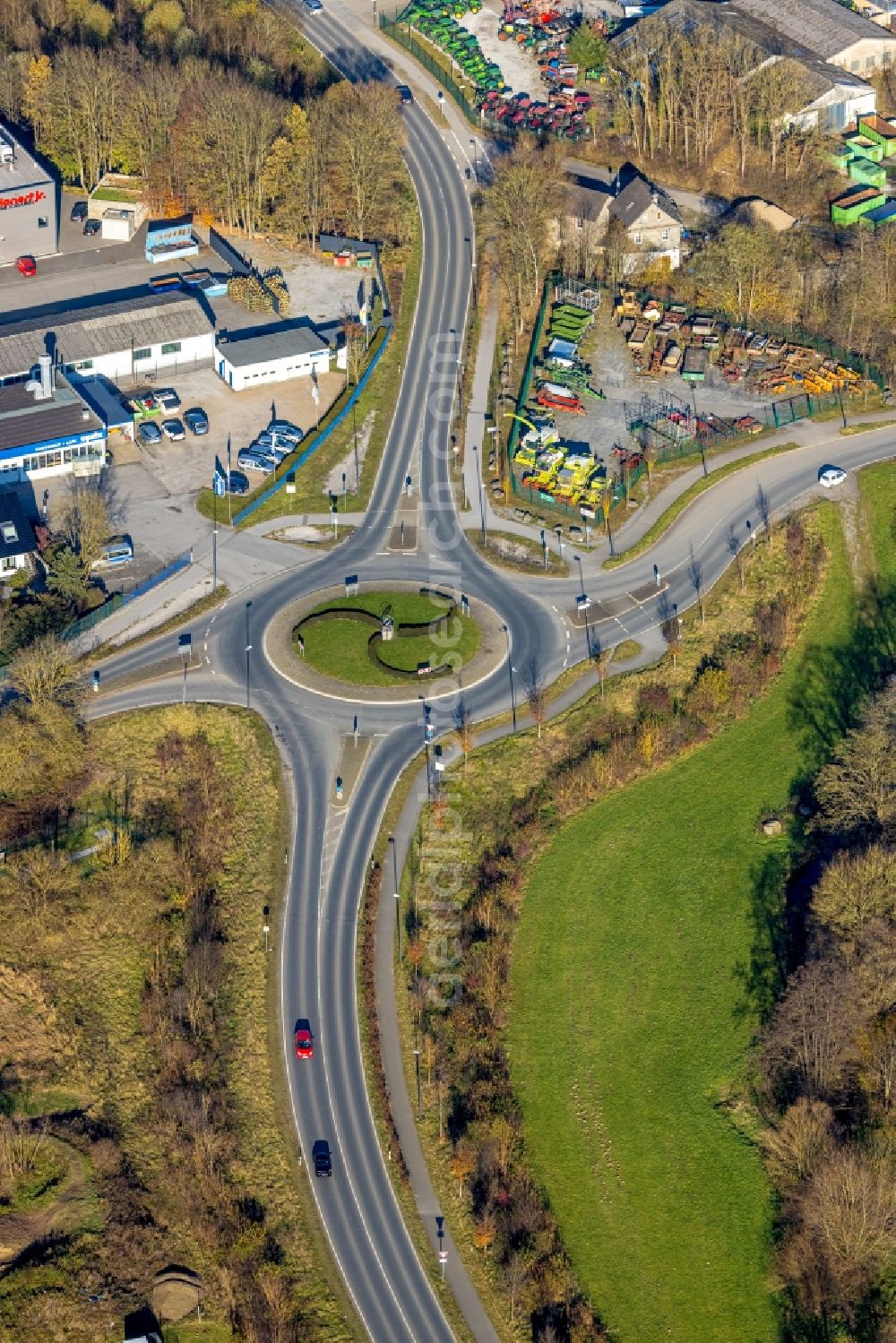 Balve from the bird's eye view: Traffic management of the roundabout road Am Pickhammer - Langenholthauser Strasse in the district Garbecker Hammer in Balve in the state North Rhine-Westphalia, Germany