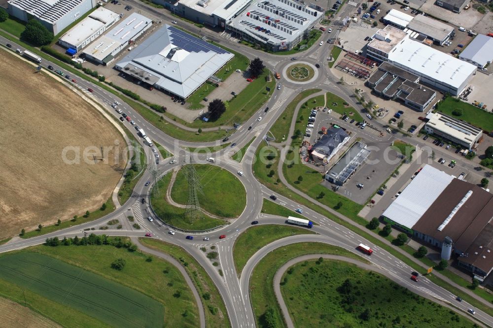 Aerial photograph Rheinfelden (Baden) - Traffic management of the roundabout in Rheinfelden (Baden) in the state Baden-Wuerttemberg, Germany