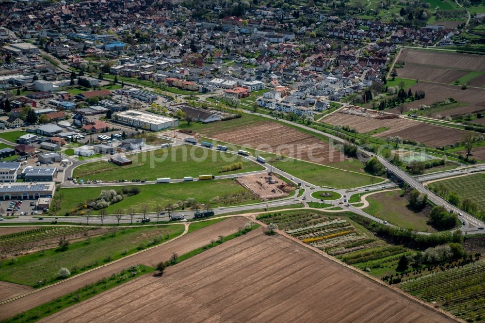 Aerial image Ettenheim - Traffic management of the roundabout road of Rheinstrasse in Ettenheim in the state Baden-Wurttemberg, Germany