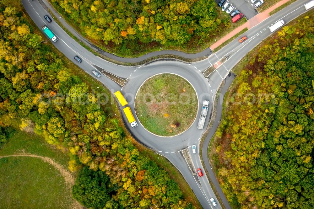 Bönen from above - Traffic management of the roundabout road Rhynerner Strasse in Boenen in the state North Rhine-Westphalia, Germany