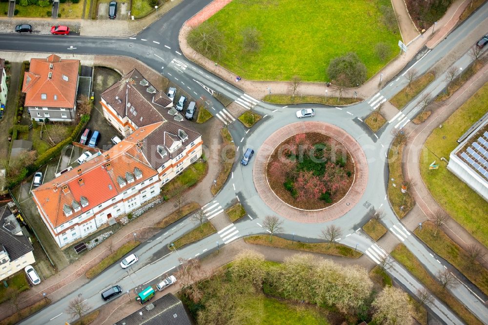 Aerial photograph Gladbeck - Traffic management of the roundabout road Schuetzen steet, Wilhelm street and In der Dorfheide in Gladbeck in the state North Rhine-Westphalia