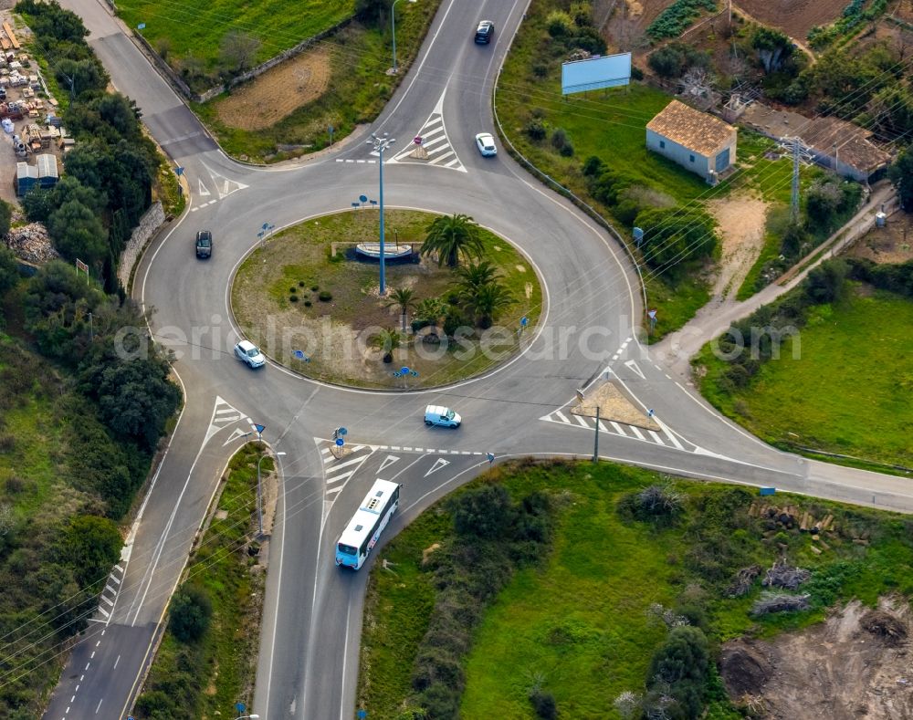 Aerial photograph Capdepera - Traffic management of the roundabout road of the roads of Ma-15 - Carrer Nord - Carrer Major in Capdepera in Balearische Insel Mallorca, Spain