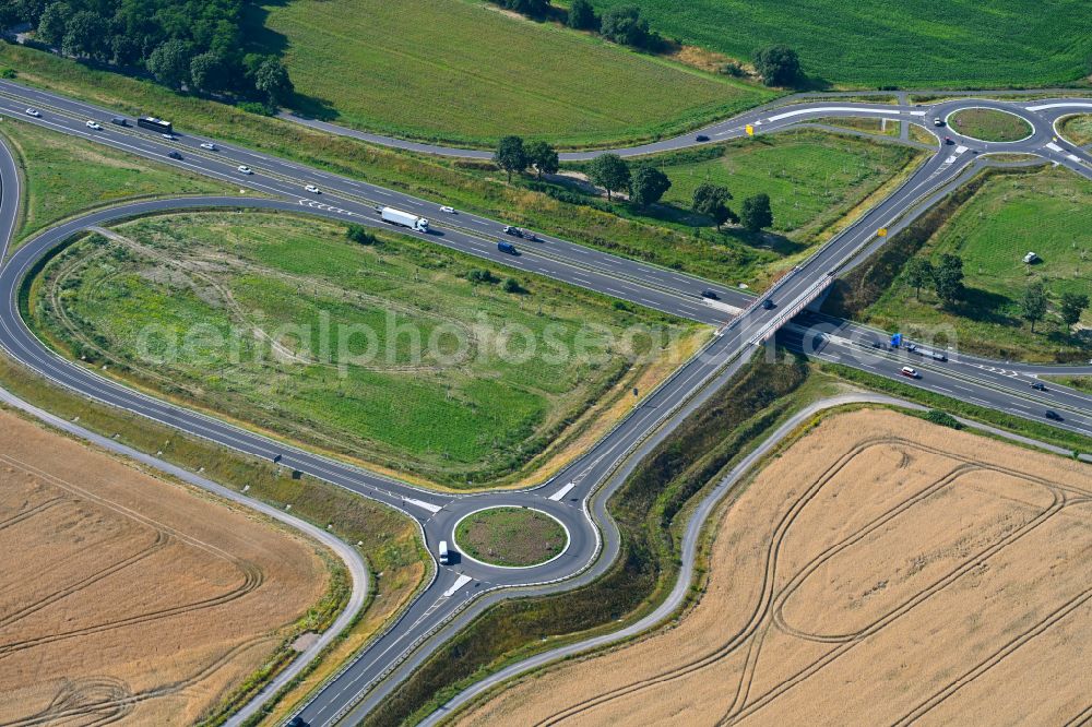 Marggraffshof from above - Traffic management of the roundabout road on Strassen L40 - L77 in Marggraffshof in the state Brandenburg, Germany