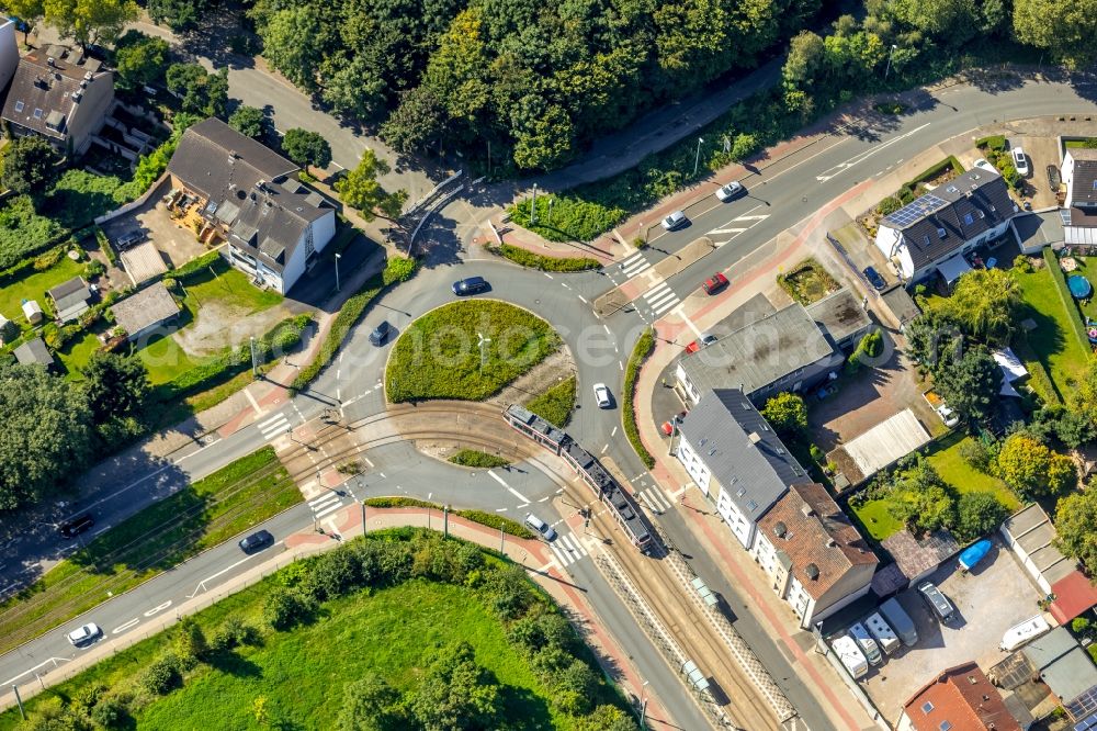 Aerial photograph Herne - Traffic management of the roundabout road with einer Strassenbahnlinie along the Magdeburger Str. in Herne in the state North Rhine-Westphalia, Germany