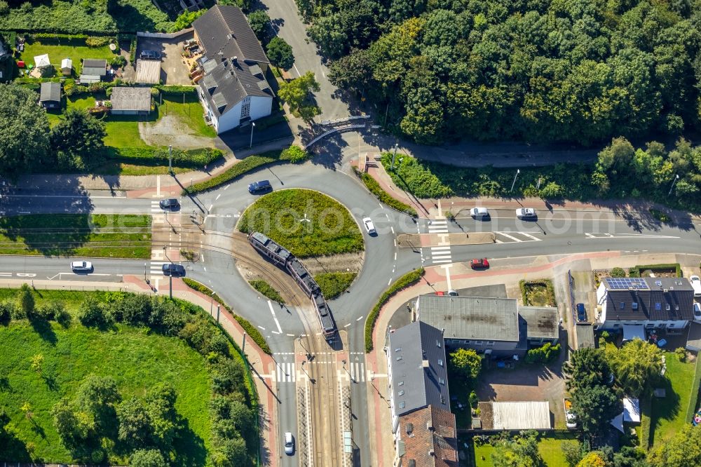 Herne from above - Traffic management of the roundabout road with einer Strassenbahnlinie along the Magdeburger Str. in Herne in the state North Rhine-Westphalia, Germany