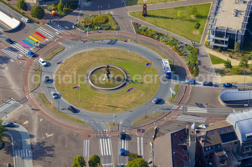 Venlo from above - Traffic management of the roundabout road on street Koninginneplein in Venlo in Limburg, Netherlands