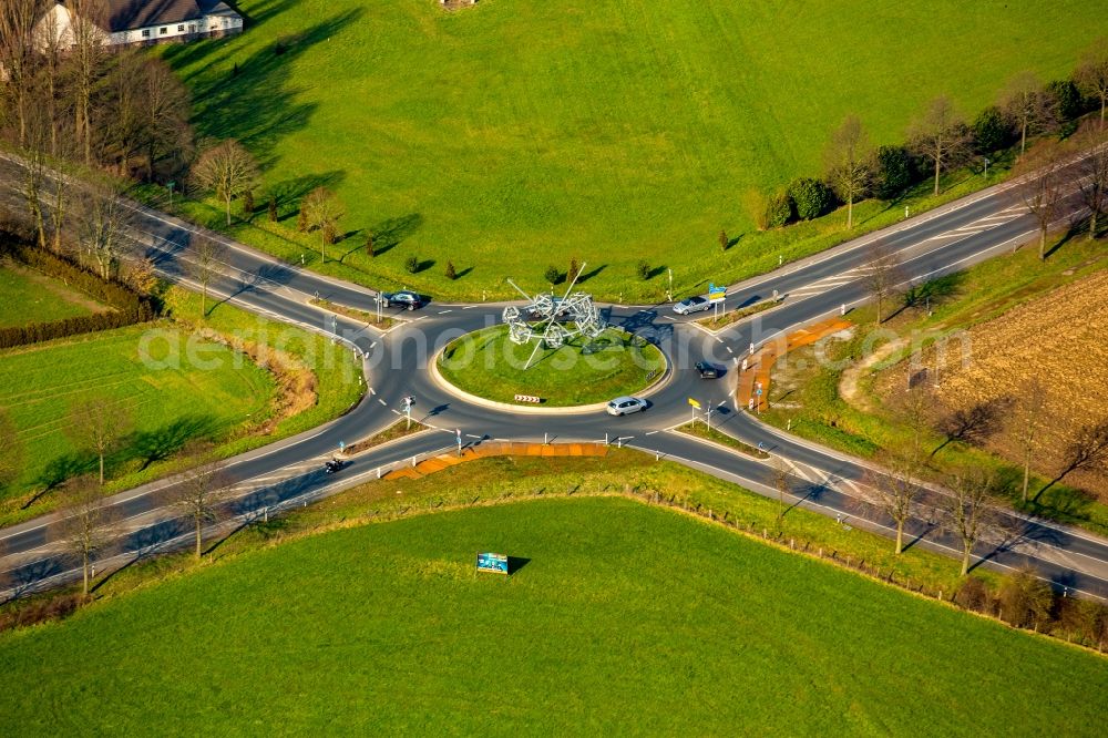 Rees from above - Roundabout and connection of the federal highways B8 and B67 in the West of Rees in the state of North Rhine-Westphalia