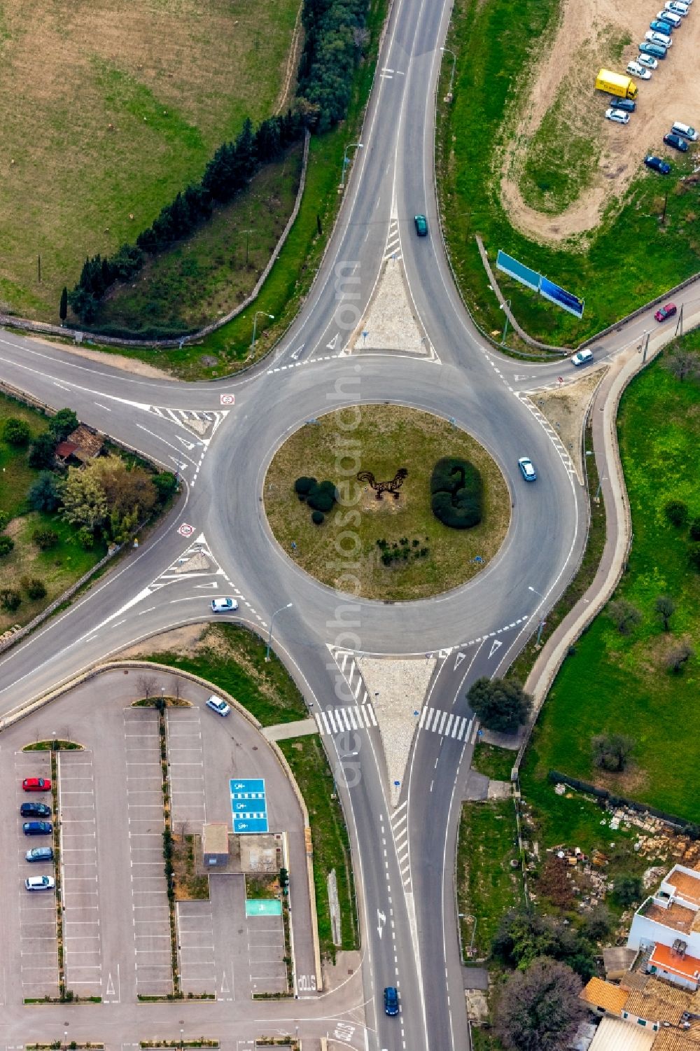 Aerial image Pollenca - Traffic management of the roundabout road of the Ma-2200 - Ma-2201 - Via Argentina in Pollenca in Balearische Insel Mallorca, Spain