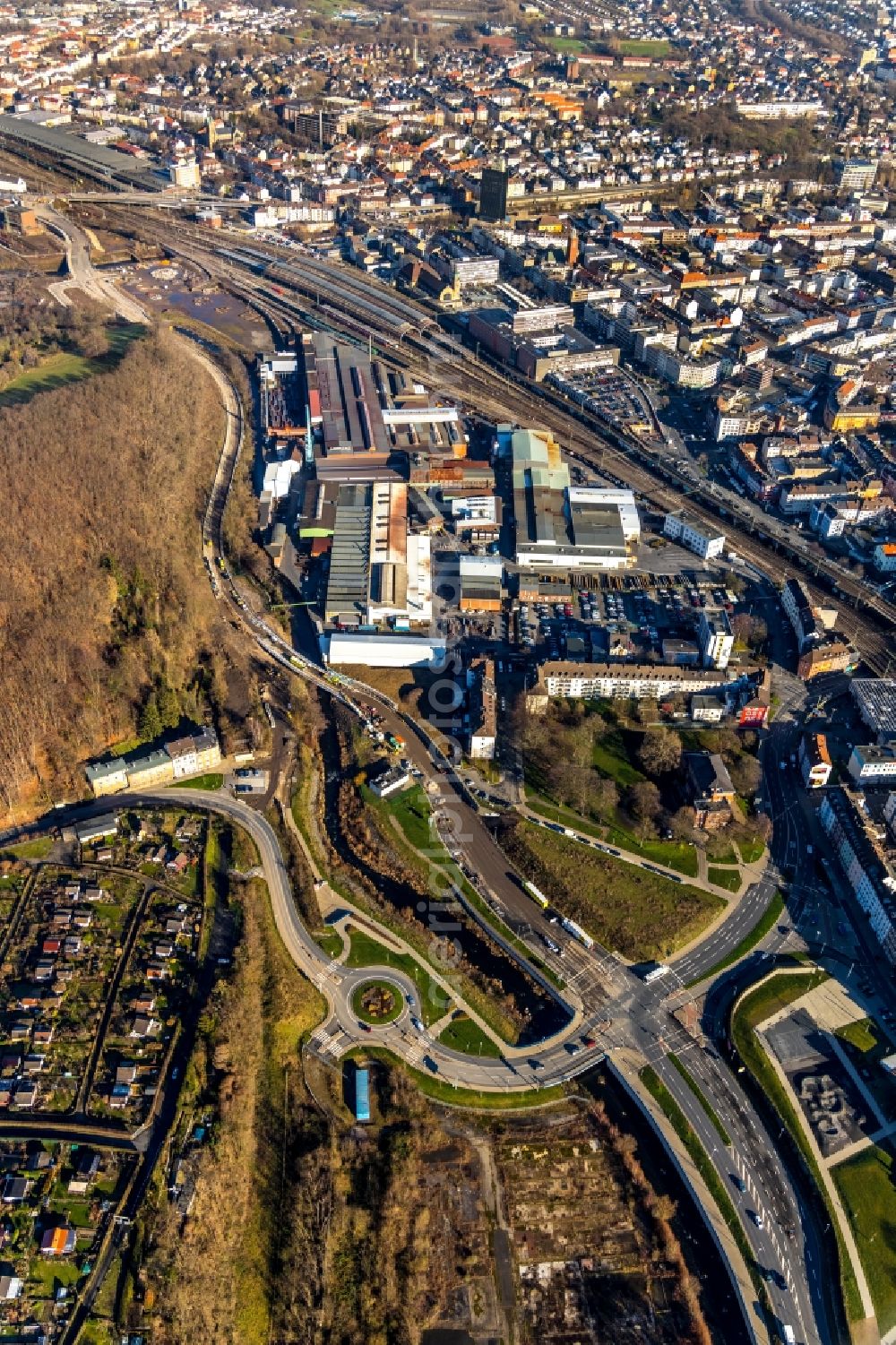 Aerial image Hagen - Traffic management of the roundabout road on Wehringhauser Strasse in Hagen in the state North Rhine-Westphalia, Germany