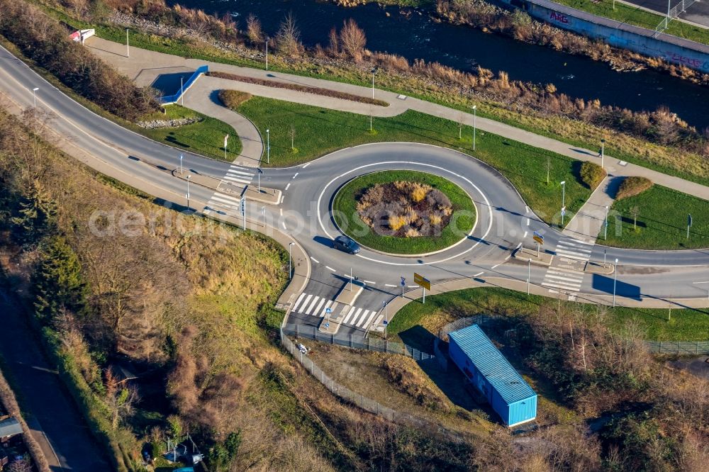 Hagen from above - Traffic management of the roundabout road on Wehringhauser Strasse in Hagen in the state North Rhine-Westphalia, Germany