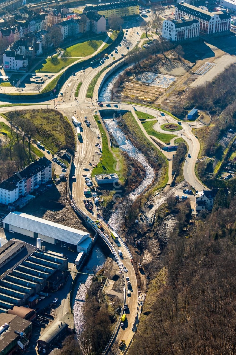 Aerial image Hagen - Traffic management of the roundabout road on Wehringhauser Strasse in Hagen in the state North Rhine-Westphalia, Germany