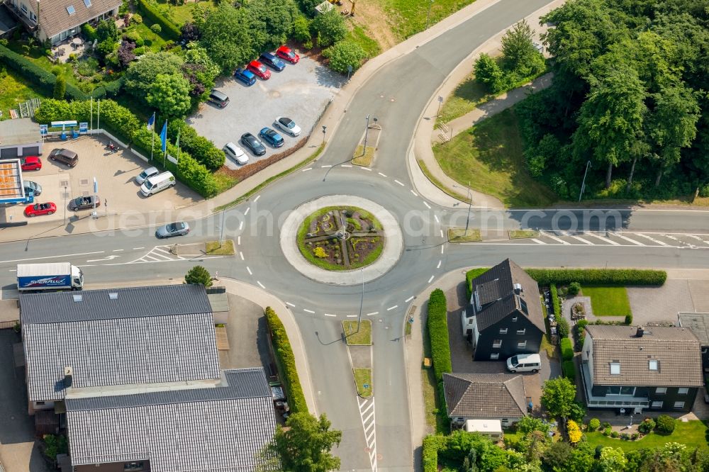 Breckerfeld from above - Traffic management of the roundabout road Westring - Frankfurter Strasse - Prioreier Strasse in Breckerfeld in the state North Rhine-Westphalia, Germany