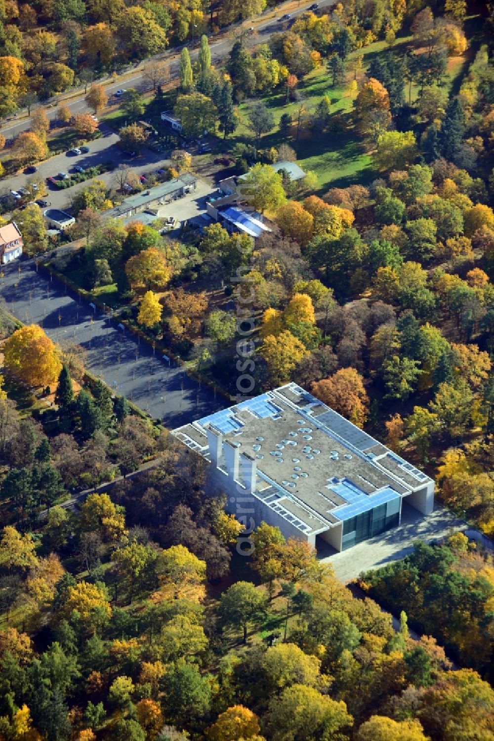 Aerial photograph Berlin - View of the crematorium Baumschulenweg in Berlin. The crematorium Berlin-Baumschulenweg is a cremation facility with a sacred building