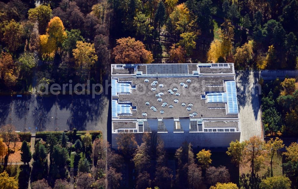 Berlin from above - View of the crematorium Baumschulenweg in Berlin. The crematorium Berlin-Baumschulenweg is a cremation facility with a sacred building