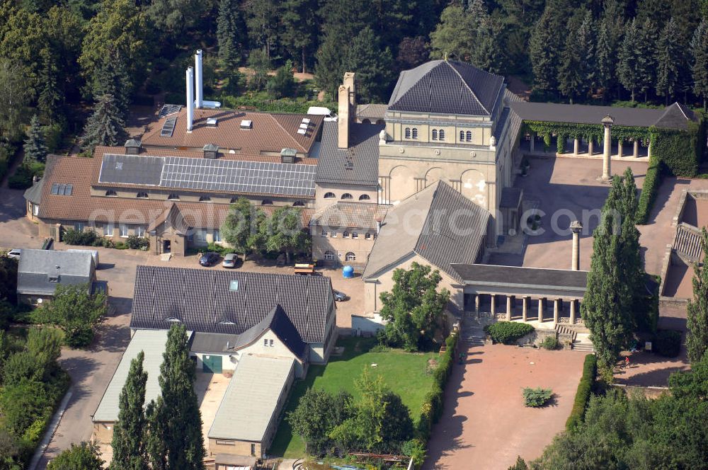 Aerial image Halle (Saale) - Blick auf das hallesche Krematorium auf dem Gelände des Getraudenfriedhofs. Adresse: Halle, Flamarium, Gemeinnütziger Feuerbestattungsverein Halle e.V., Landrain 25, 06118 Halle (Saale); Telefon: 0345 / 52082-0; Fax: 0345 / 52082-20; Email: info@feuerbestattung-halle.de; Achim Walder: http://