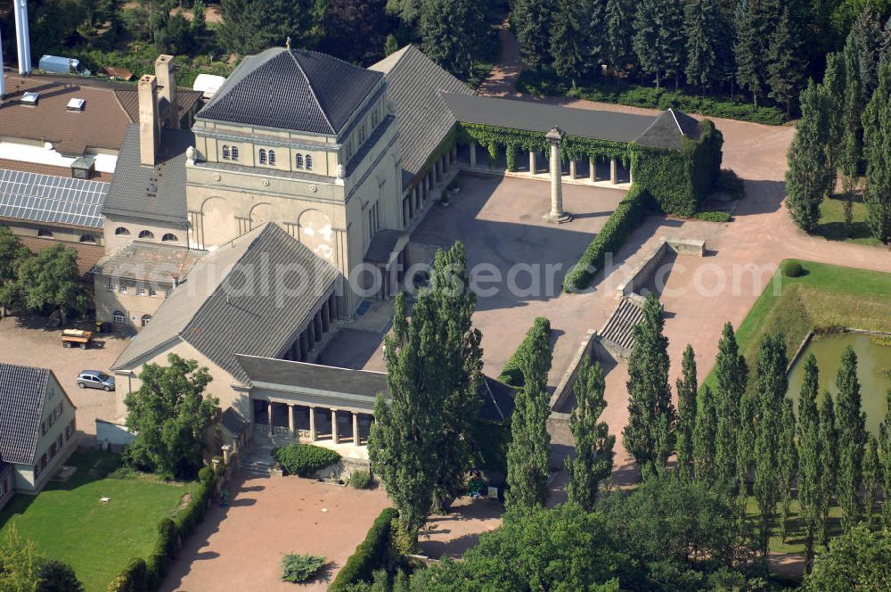 Halle (Saale) from above - Blick auf das hallesche Krematorium auf dem Gelände des Getraudenfriedhofs. Adresse: Halle, Flamarium, Gemeinnütziger Feuerbestattungsverein Halle e.V., Landrain 25, 06118 Halle (Saale); Telefon: 0345 / 52082-0; Fax: 0345 / 52082-20; Email: info@feuerbestattung-halle.de; Achim Walder: http://