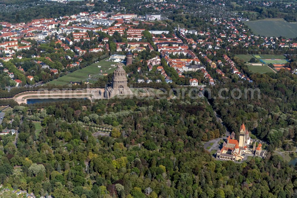 Aerial photograph Leipzig - Crematory and funeral hall for burial in the grounds of the cemetery Suedfriedhof in the district Probstheidaer Flur in Leipzig in the state Saxony, Germany