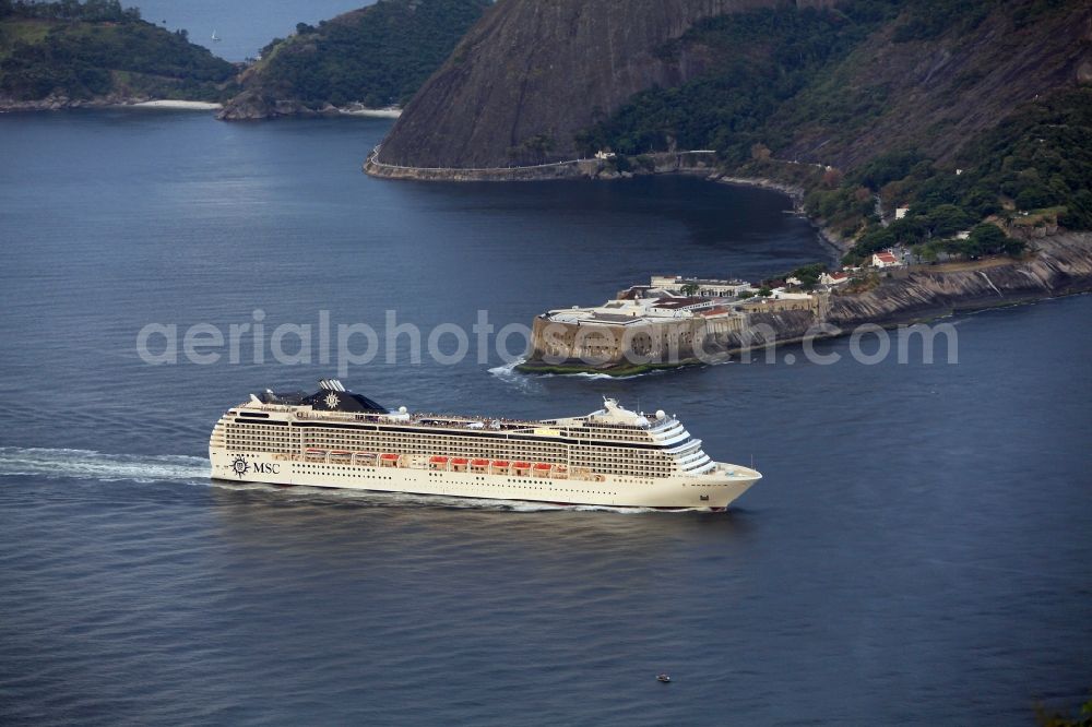 Aerial photograph Rio de Janeiro - Cruise - Ship MSC Musica before Fortaleza Santa Cruz da Barra on the coast of Rio de Janeiro in Brazil