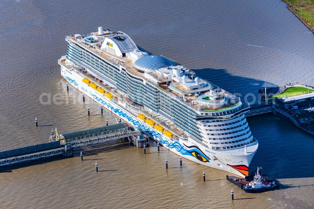 Aerial image Moormerland - Cruise and passenger ship AIDAcosma bei of Jungfernfahrt auf of Emsueberfuehrung in Moormerland in the state Lower Saxony, Germany