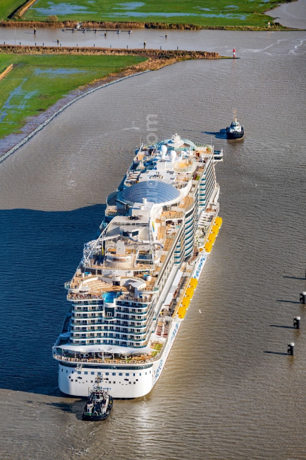 Aerial image Moormerland - Cruise and passenger ship AIDAcosma bei of Jungfernfahrt auf of Emsueberfuehrung in Moormerland in the state Lower Saxony, Germany