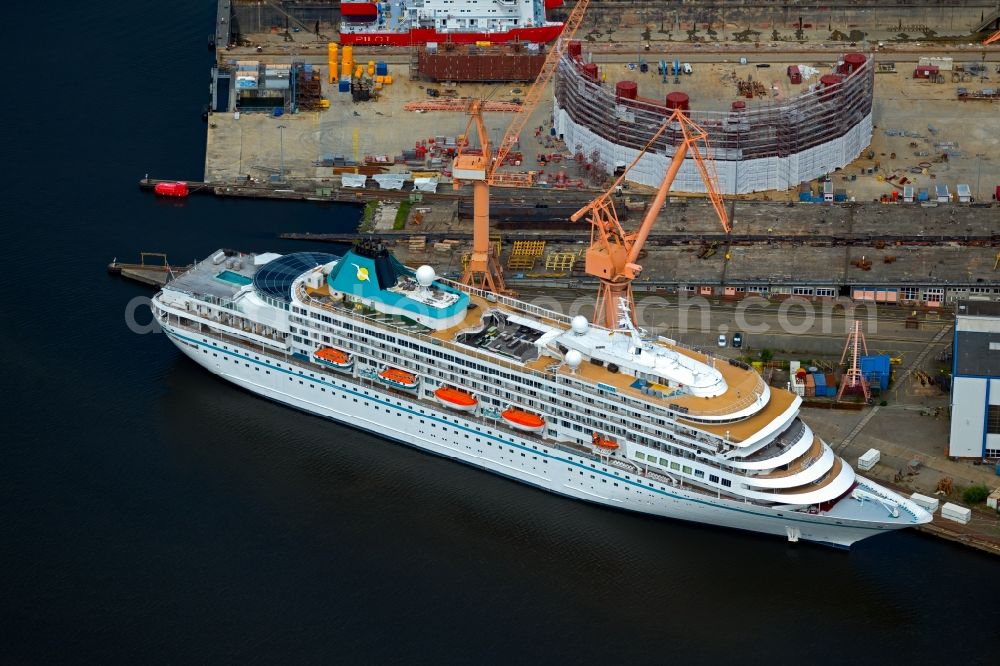 Aerial photograph Emden - Cruise and passenger ship Amera on dock in Emden in the state Lower Saxony, Germany