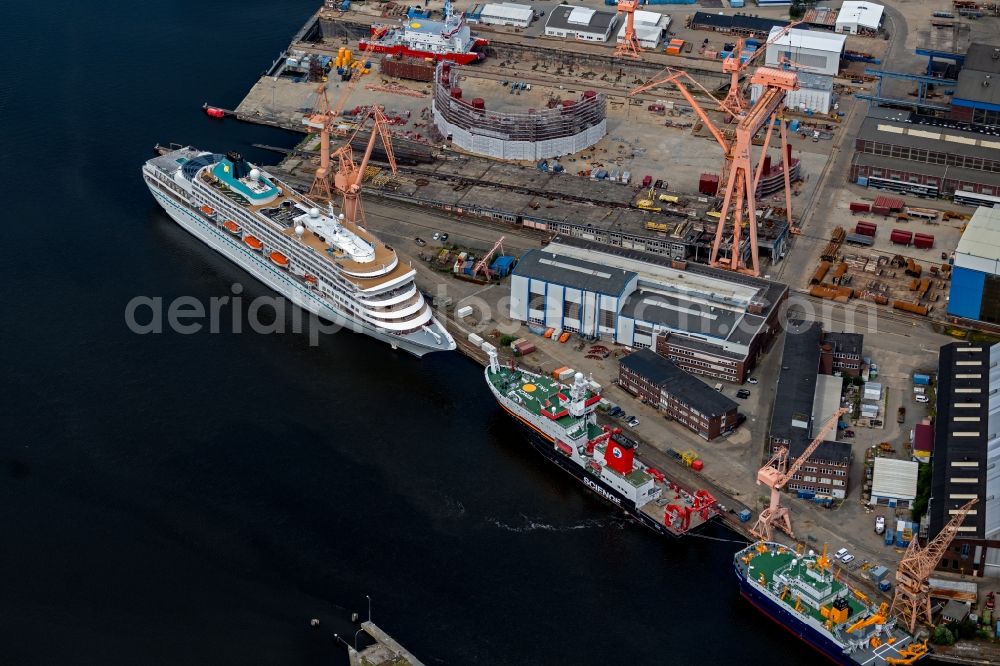 Emden from above - Cruise and passenger ship Amera on dock in Emden in the state Lower Saxony, Germany