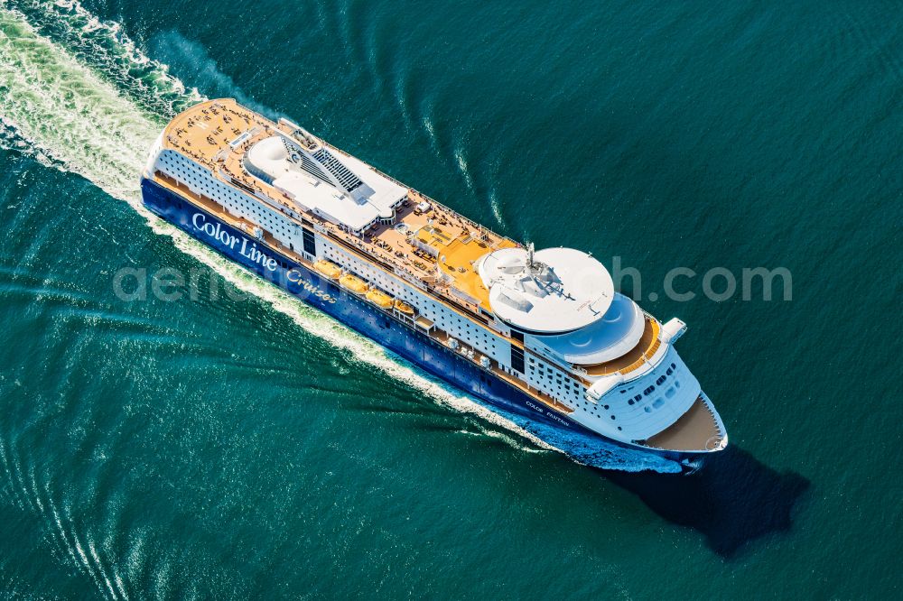 Aerial image Kiel - Cruise passenger ship Color Fantasy (IMO number 9278234) arriving in Kiel in the state Schleswig-Holstein, Germany