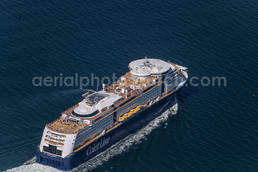 Strande from above - Cruise and passenger ship Color Fantasy operating on the baltic sea in Strande in the state Schleswig-Holstein, Germany