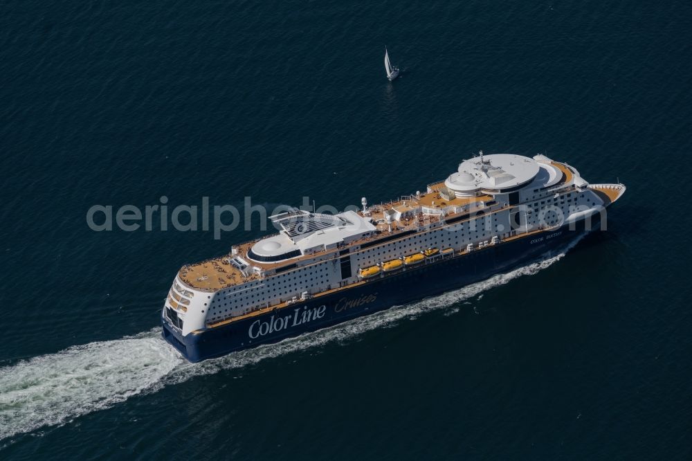 Aerial image Strande - Cruise and passenger ship Color Fantasy operating on the baltic sea in Strande in the state Schleswig-Holstein, Germany