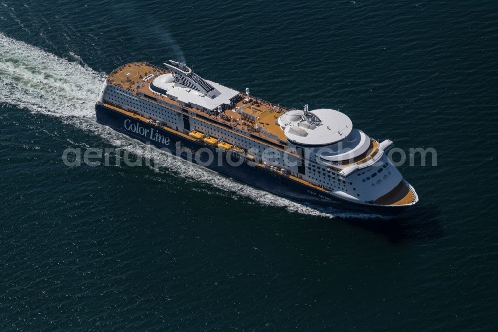 Aerial photograph Strande - Cruise and passenger ship Color Fantasy operating on the baltic sea in Strande in the state Schleswig-Holstein, Germany