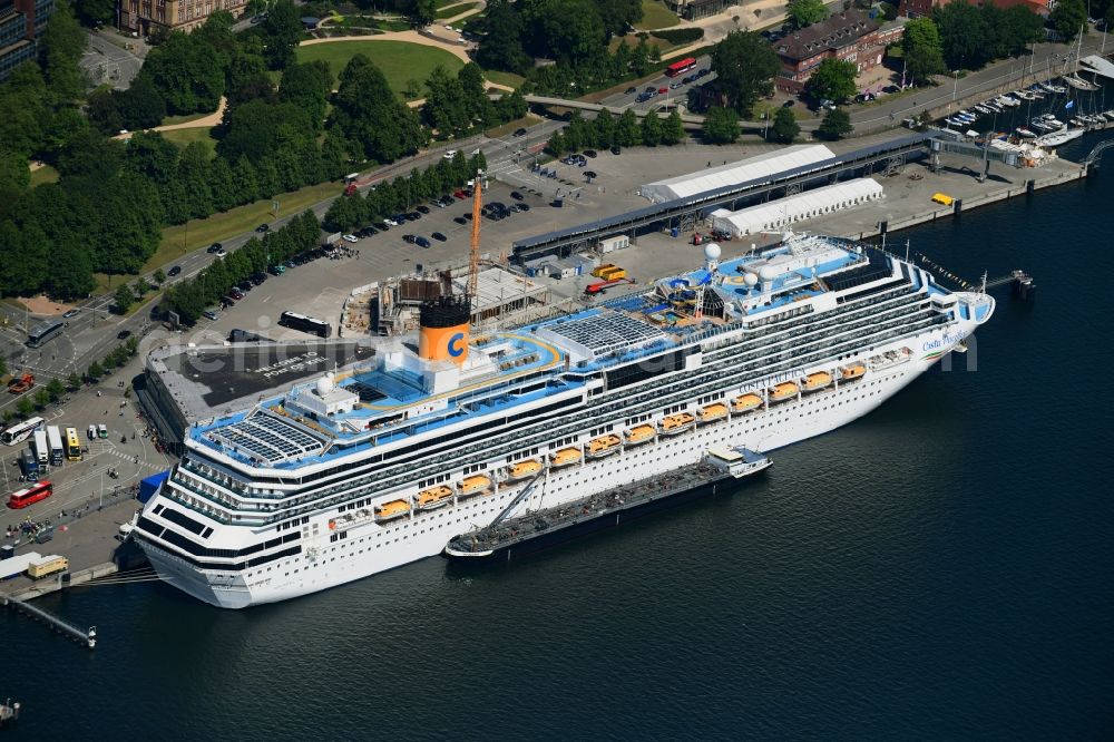 Aerial image Kiel - Cruise and passenger ship Costa Pacifica in Kiel in the state Schleswig-Holstein, Germany