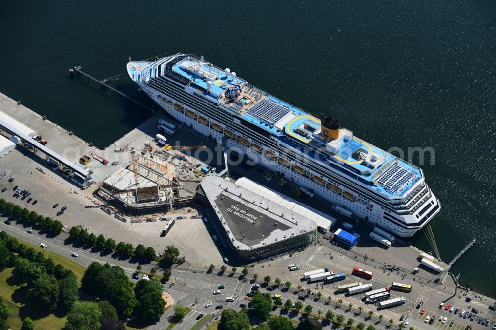 Kiel from above - Cruise and passenger ship Costa Pacifica in Kiel in the state Schleswig-Holstein, Germany