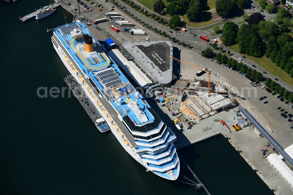 Kiel from the bird's eye view: Cruise and passenger ship Costa Pacifica in Kiel in the state Schleswig-Holstein, Germany