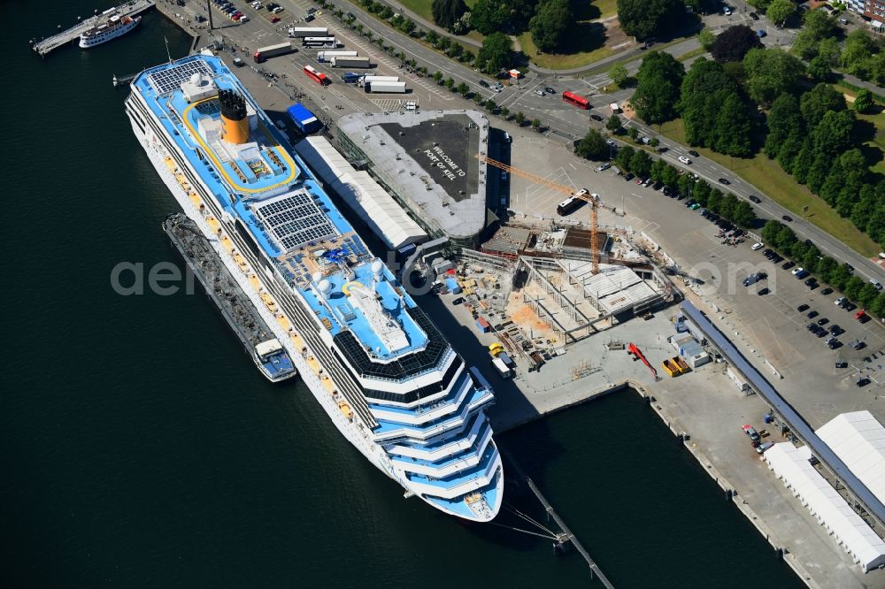 Aerial image Kiel - Cruise and passenger ship Costa Pacifica in Kiel in the state Schleswig-Holstein, Germany