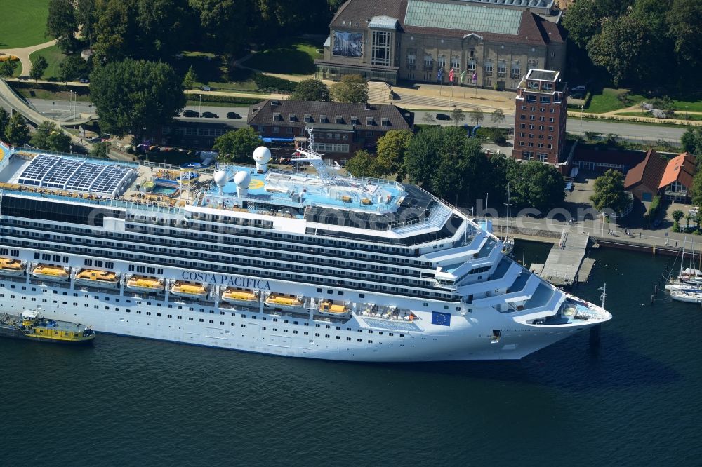 Kiel from the bird's eye view: Passenger ship Costa Pacifica of the shipowning company Costa Crociere in Kiel in the state of Schleswig-Holstein