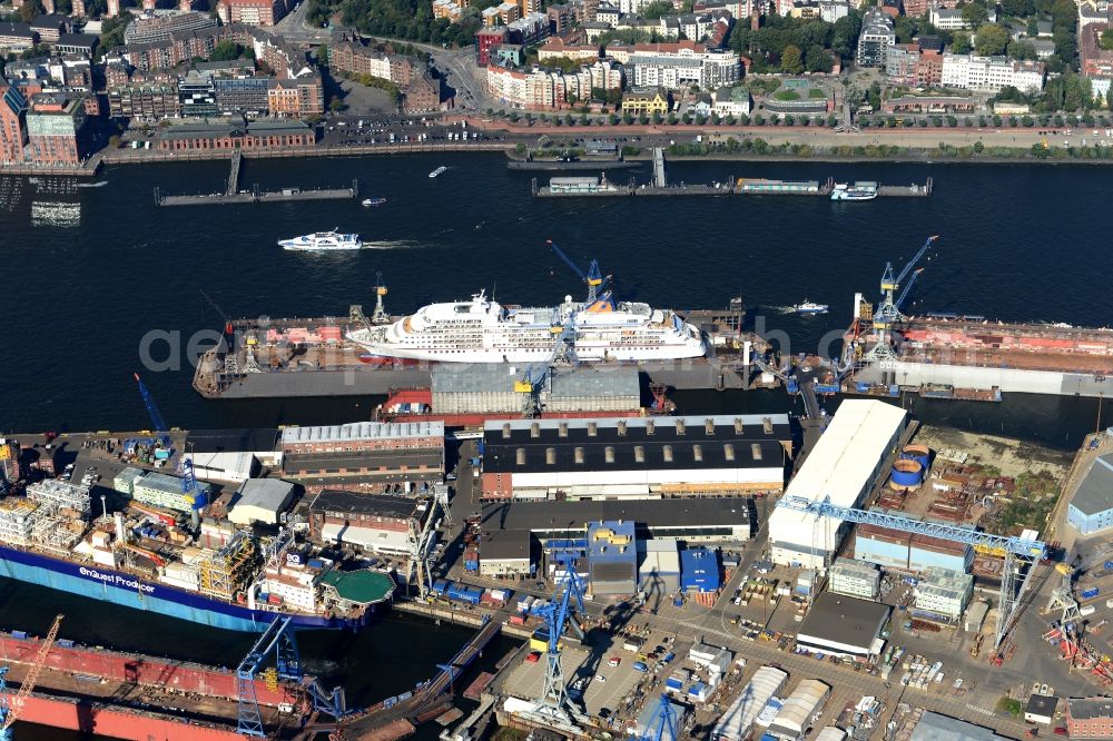 Hamburg from the bird's eye view: Cruise ship MS Europa in the docks of the shipyard of the Blohm+Voss GmbH in Hamburg in Hamburg, Germany