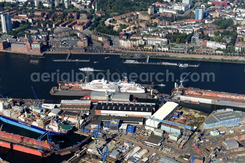 Aerial image Hamburg - Cruise ship MS Europa in the docks of the shipyard of the Blohm+Voss GmbH in Hamburg in Hamburg, Germany