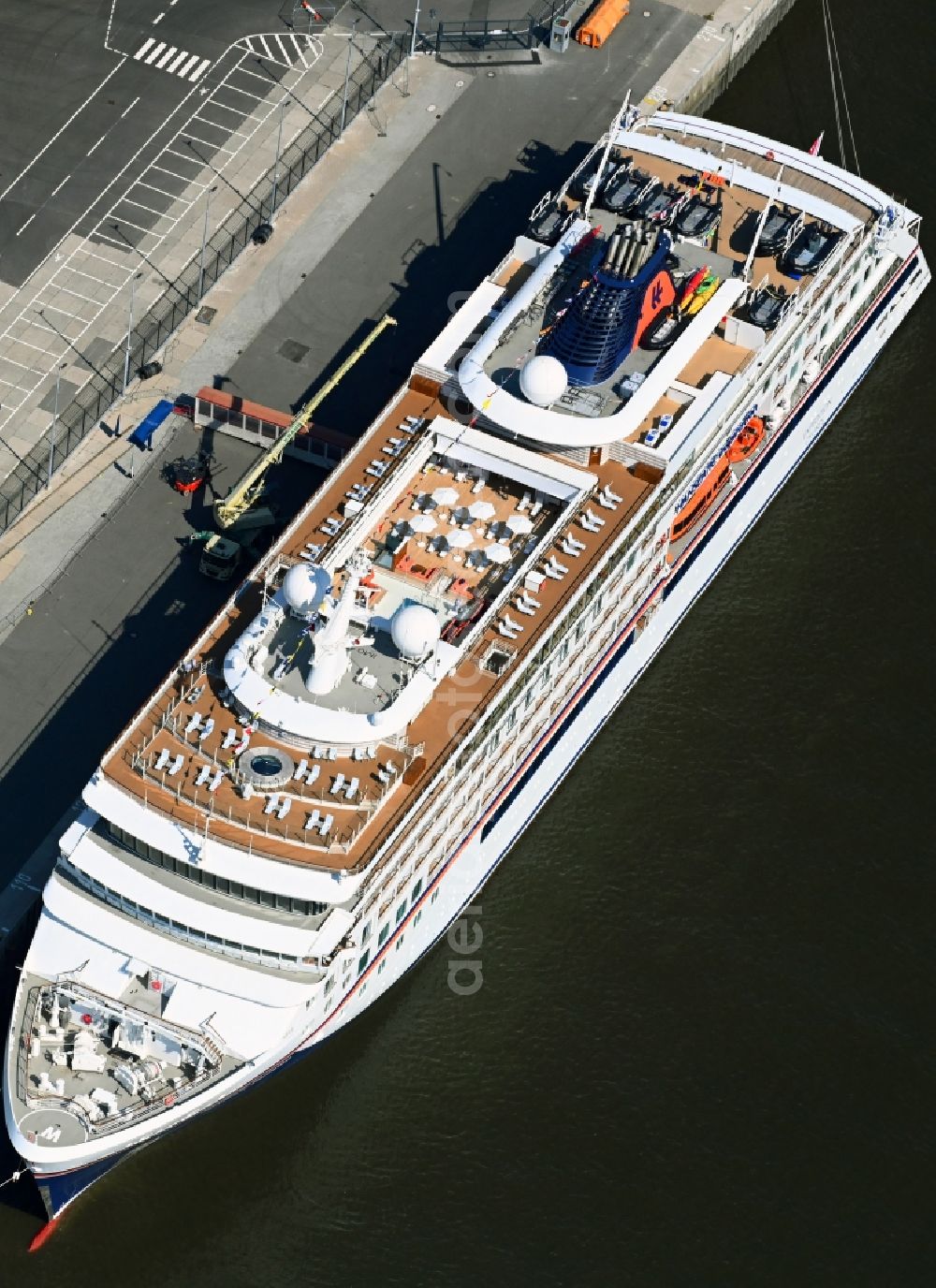 Hamburg from above - Cruise and passenger ship Hanseatic inspiration in the district HafenCity in Hamburg, Germany