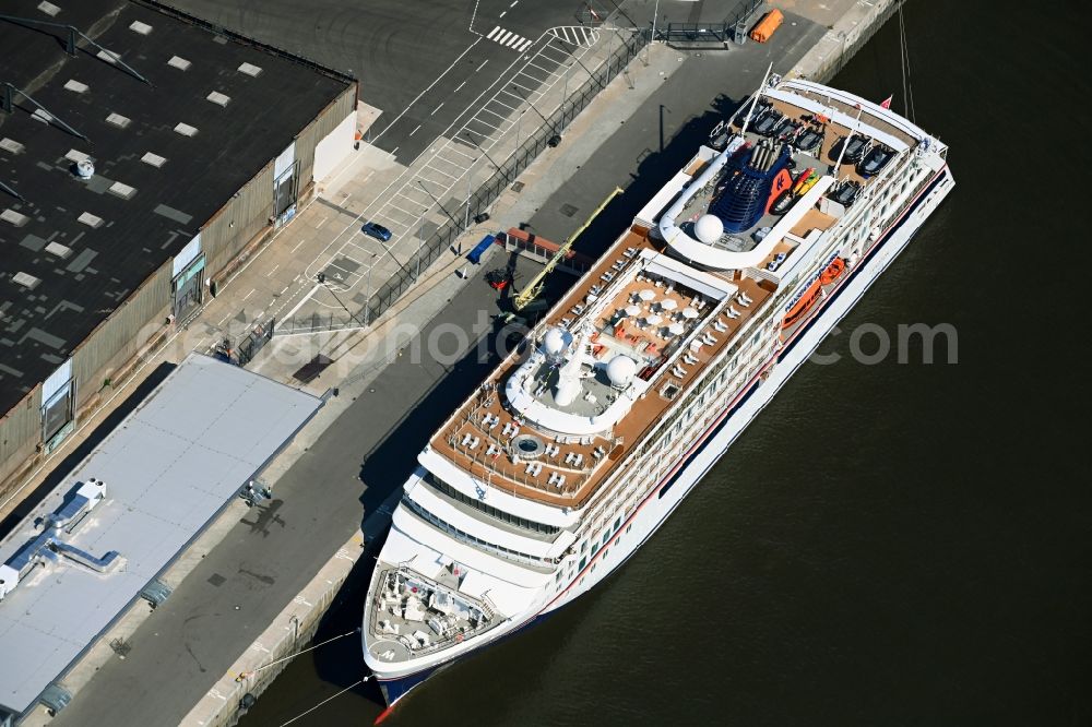 Hamburg from the bird's eye view: Cruise and passenger ship Hanseatic inspiration in the district HafenCity in Hamburg, Germany