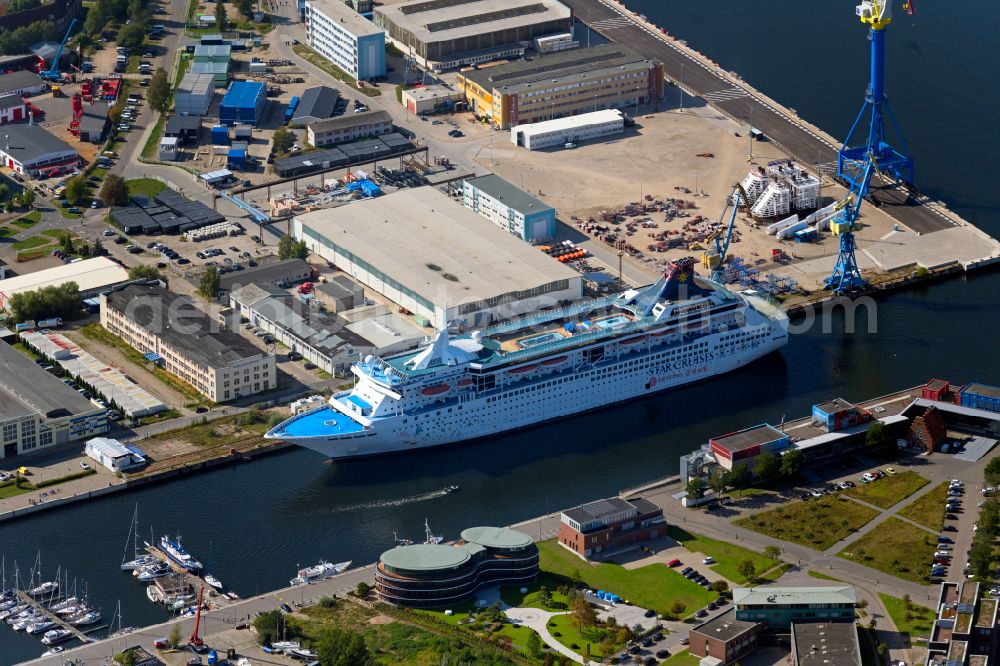 Aerial photograph Wismar - Cruise passenger and passenger ship Libra and today's residential ship in the port of Wismar on the Baltic Sea coast in the state Mecklenburg-West Pomerania, Germany